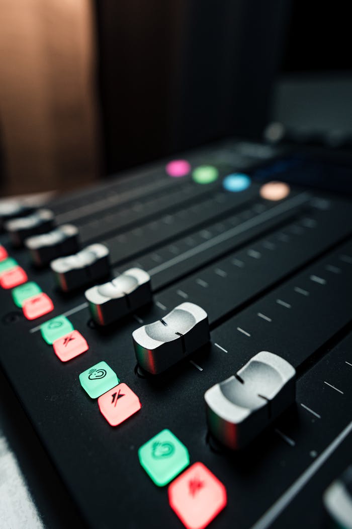 Close-up of a professional audio mixing console with sliders and illuminated control buttons.